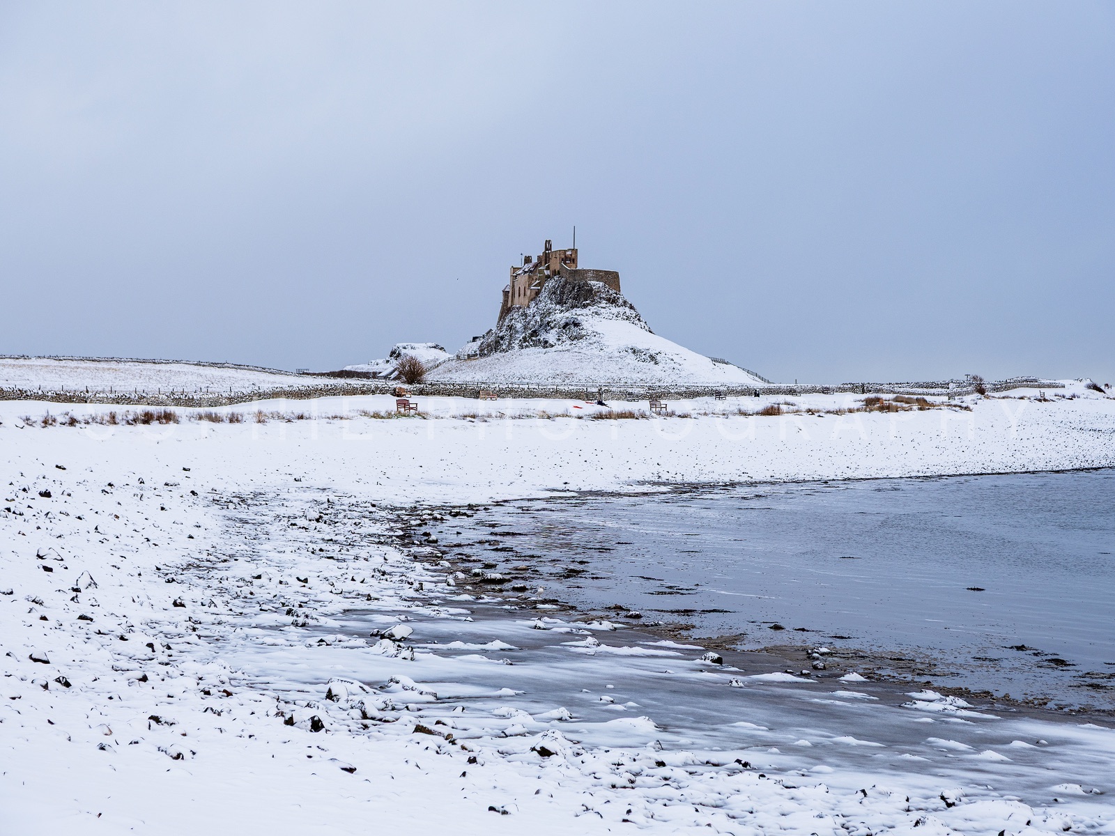 Frozen Holy Island, shown mounted at 8x6" print (10x8" mount)