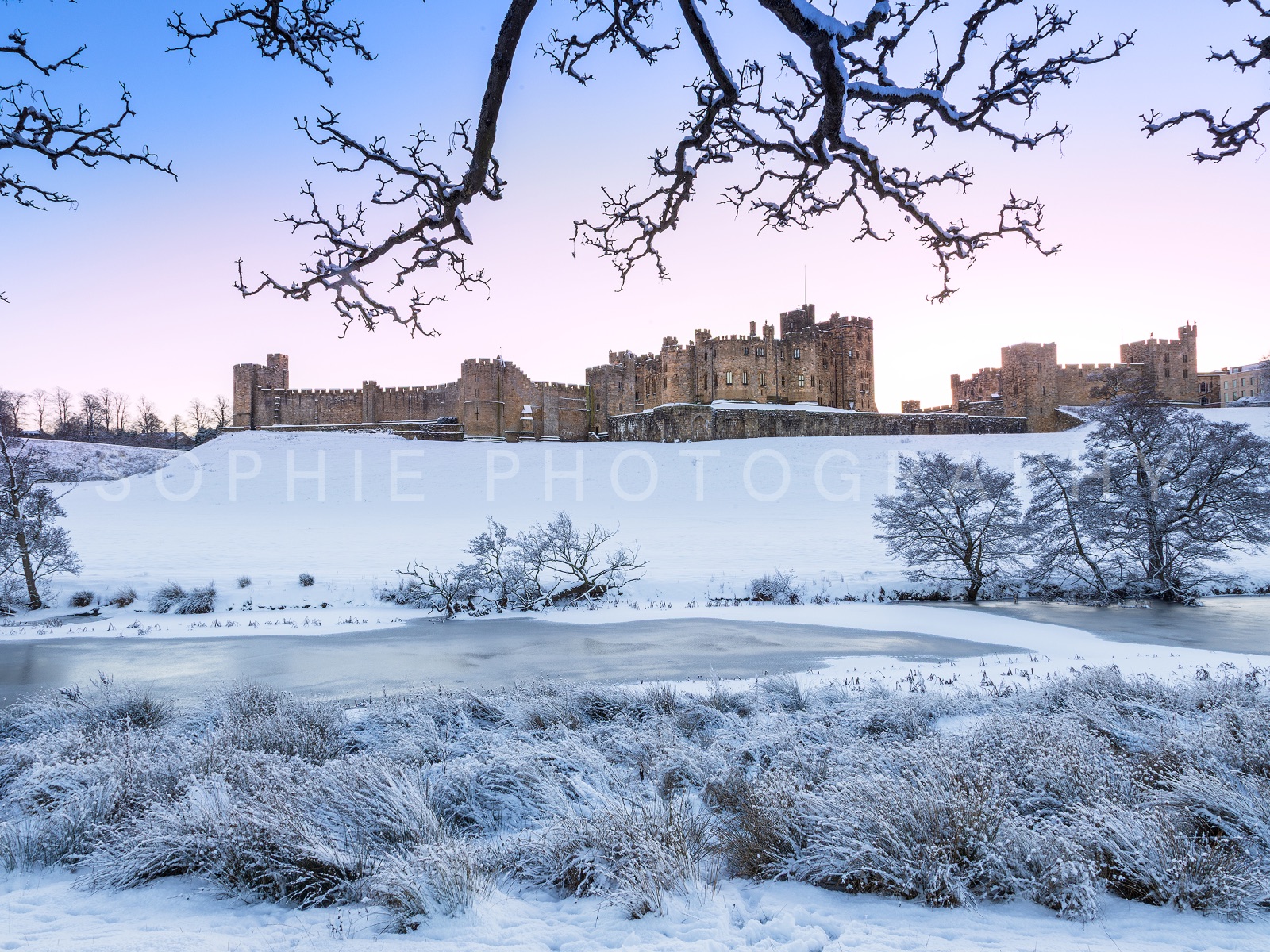 Snowy Alnwick Castle, shown mounted at 8x6" print (10x8" mount)