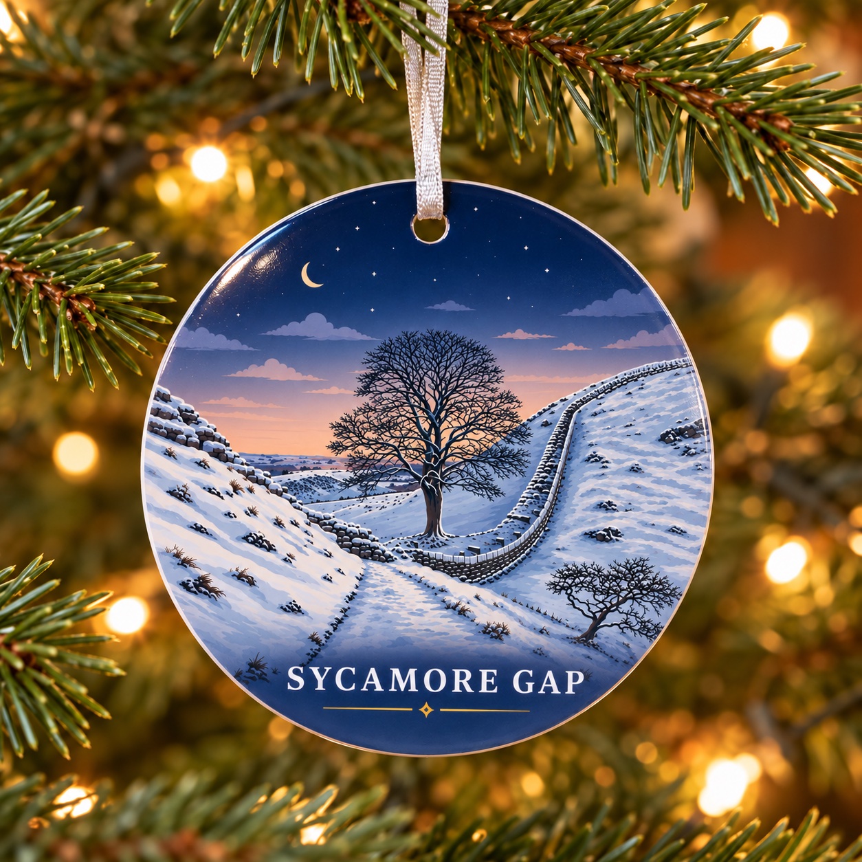 Snowy Sycamore Gap Ceramic Tree Decoration