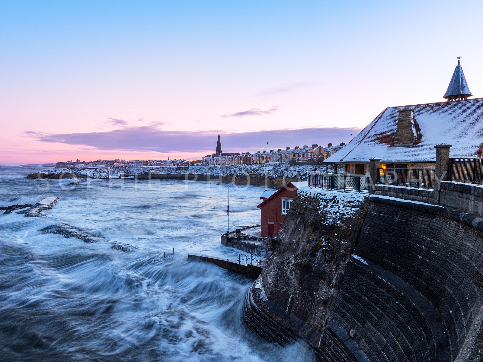 Winter at Cullercoats Bay, shown mounted at 8x6" print (10x8" mount)
